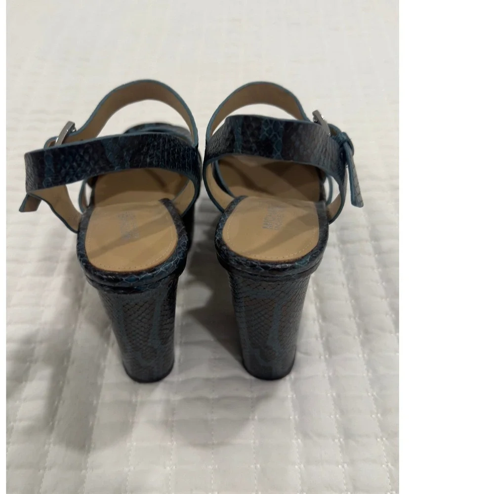 Michael Kors‎ Blue Snakeskin Embossed Leather Platform Block Heel Sandals 7M